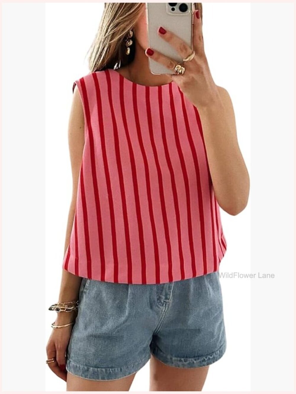 Sleeveless Striped Cotton Tank Top Crewneck Summer Vest